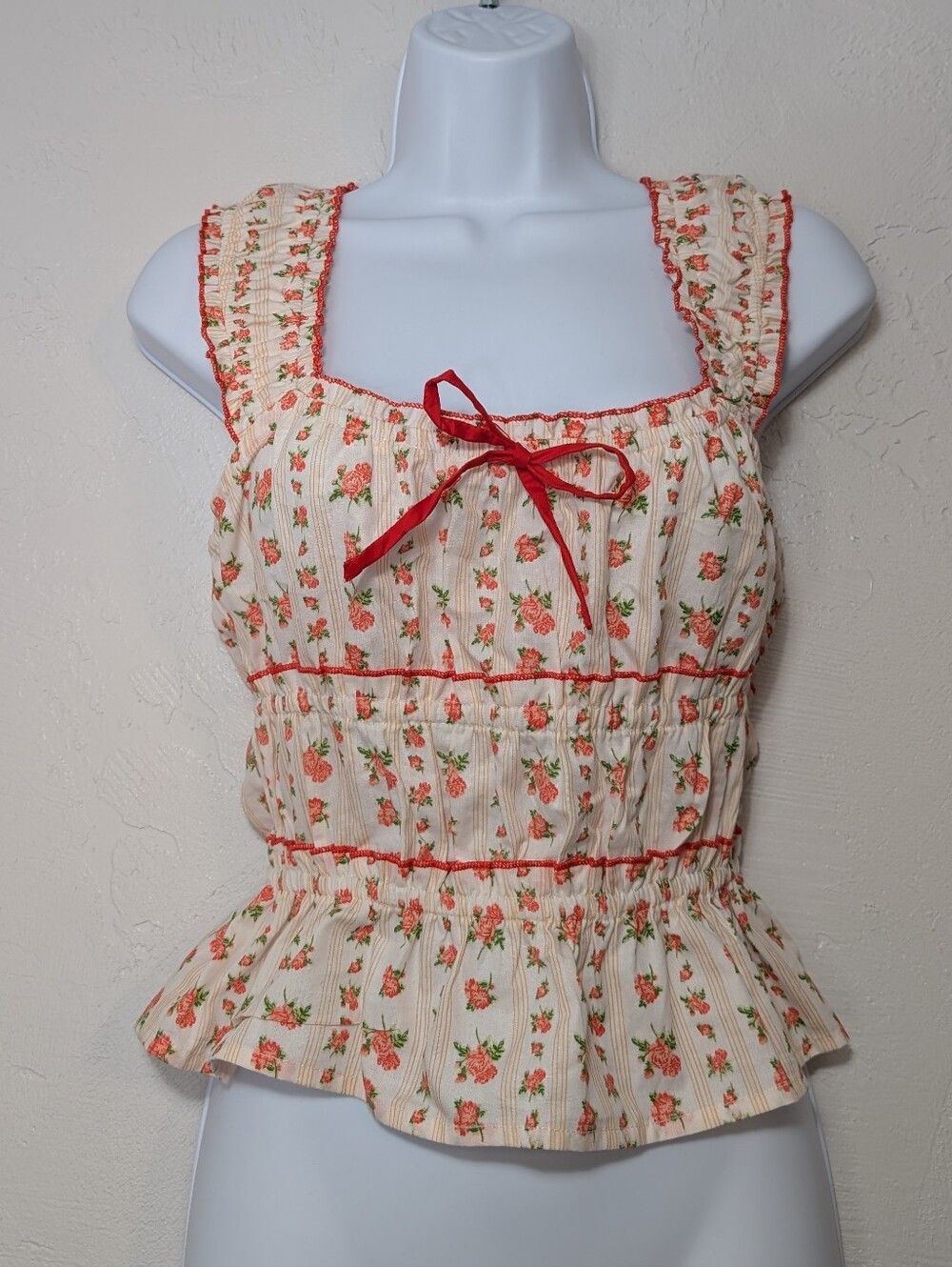Cream & Red Floral Peplum Milkmaid Top Coquette Cottagecore Romantic Feminine